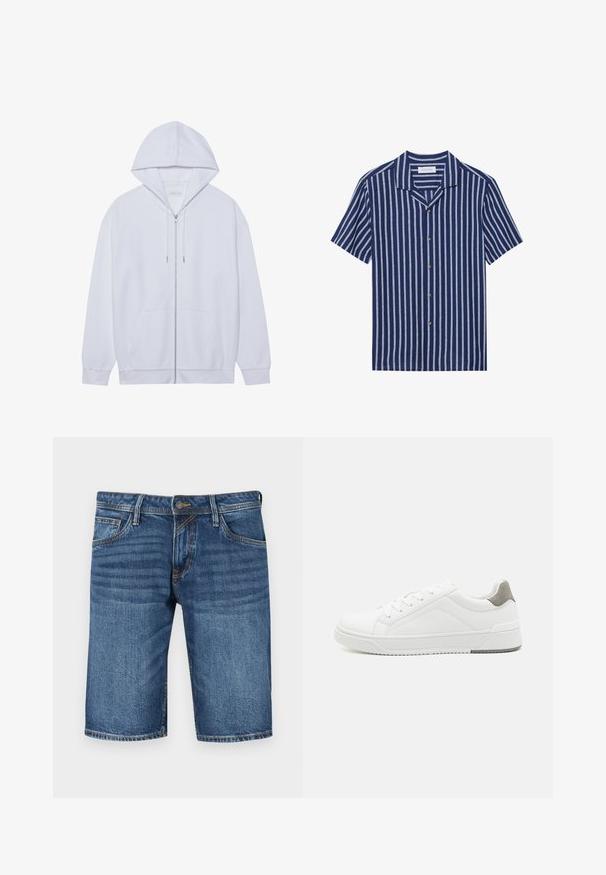 Sudadera blanca con cremallera hecha de tela suave, que cuenta con capucha ajustable, bolsillos frontales y mangas con puños acanalados. Diseño simple y limpio.; Pier One LINEN MIX SHIRT - Camisa - dark blue/white; Bermudas de mezclilla azul oscuro con corte recto, diseño de cinco bolsillos y costuras en contraste. Cierre de botón y cremallera en la cintura.; Zapatilla blanca con material de cuero liso, punta redonda, diseño minimalista, acento gris en el talón y suela de goma texturizada.