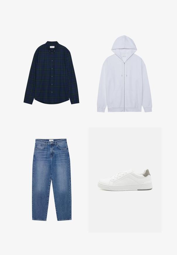 Hvid zip-up hoodie lavet af blødt stof, med snor i hætten, frontlommer og ribbede ærmer. Enkel og ren design.; Marineblå og grønternet knap-ned skjorte med afrundet søm, lange ærmer og krave. Har tolv knaplukninger. Blød stofstruktur.; Blå denim jeans med høj talje, lige ben design og slidte finish. Har fem lommer og en knaplukning.; Hvid sneaker lavet af glat læder, rund tå, minimalistisk design, grå hælafsats og tekstureret gummisål.