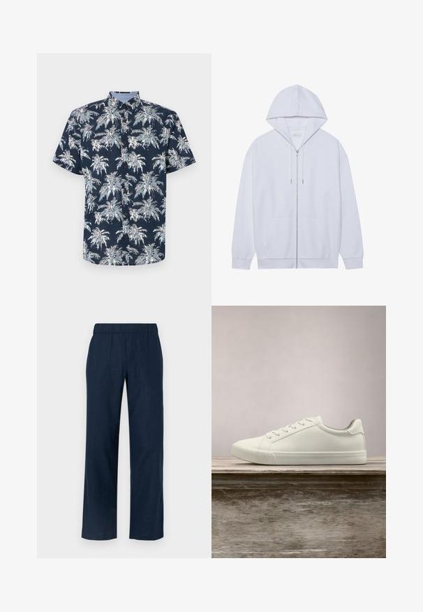 Witte zip-up hoodie gemaakt van zachte stof, met een trekkoordkap, voorzakken en ribgebreide manchetten. Eenvoudig en schoon ontwerp.; Korte mouwen, knoopshirt in marineblauw met een wit palmbomenprint. Heeft een kraag en bruine knopen. Gestructureerde stof.; Navyblauwe pantalons met wijde pijpen en een elastische tailleband, voorzien van twee voorzakken en een gladde, lichte stofstructuur.; Witte vetersneaker die boven een houten bank zweeft met groene bladeren op de achtergrond, waarbij het ontwerp en de textuur van de schoen worden getoond.