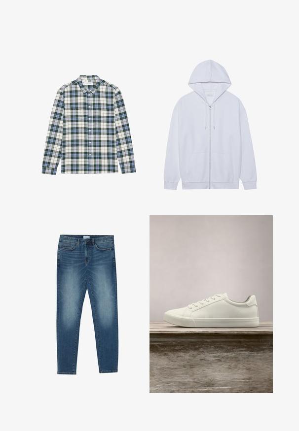 Hvid zip-up hoodie lavet af blødt stof, med snor i hætten, frontlommer og ribbede ærmer. Enkel og ren design.; Grøn og hvid skotskternet skjorte med blå detaljer, der har knapkrave, lange ærmer og en brystlomme. Lavet af blødt stof.; Denimjeans i midtblå med en falmet vask, fem-lomme design, lige ben pasform og broderede detaljer. Knap- og lynlåslukning.; Hvide snørresneakers svævende over en træbænk med grønne planter i baggrunden, der fremhæver skodesign og tekstur.