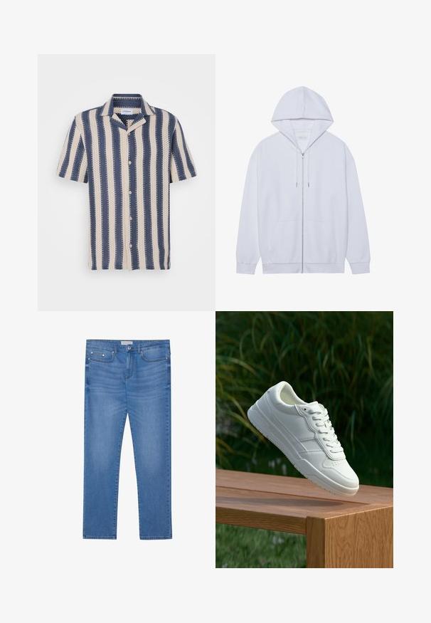 Witte zip-up hoodie gemaakt van zachte stof, met een trekkoordkap, voorzakken en ribgebreide manchetten. Eenvoudig en schoon ontwerp.; Korte mouw overhemd met een marineblauw en crème gestreept patroon, voorzien van een kraag en knoopsluiting, gemaakt van ademende stof.; Lichtblauwe spijkerbroek met een rechte pijp, vijf zakken, subtiele vervaging en metalen accenten op de taille en zakken.; Witte leren sneaker met een gladde textuur, voorzien van een geperforeerd ontwerp, klassieke vetersluiting en rubberen zool, gepositioneerd boven een houten oppervlak.