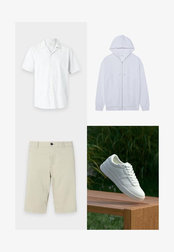 Hvid zip-up hoodie lavet af blødt stof, med snor i hætten, frontlommer og ribbede ærmer. Enkel og ren design.; Kortærmet, lysegrå knappeskjorte lavet af en blanding af hør med en camp krave og seks knapper ned foran, blød tekstur.; Beige shorts lavet af let bomuldsblanding, med flad front, bæltesløjfer, knaplukning og knælang kant.; Hvide lædersneakers med en glat overflade, prydet med perforeret design, klassisk snørering og gummisål, placeret over en træoverflade.