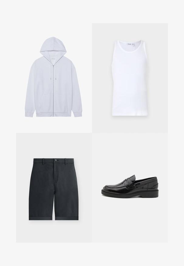 Witte zip-up hoodie gemaakt van zachte stof, met een trekkoordkap, voorzakken en ribgebreide manchetten. Eenvoudig en schoon ontwerp.; Witte katoenen tanktop met ronde hals en brede banden. Gladde textuur, geen patronen, schoon ontwerp en een merklabel op de halslijn.; Zwarte knielange shorts met omgeslagen zomen, knoopsluiting, riemlussen en een vlak voorkant ontwerp op een effen witte achtergrond.; Zwarte leren instappers met een gladde afwerking, ronde neus, lage hak en decoratieve stiksels aan de voorkant. Rubberen buitenzool voor grip.