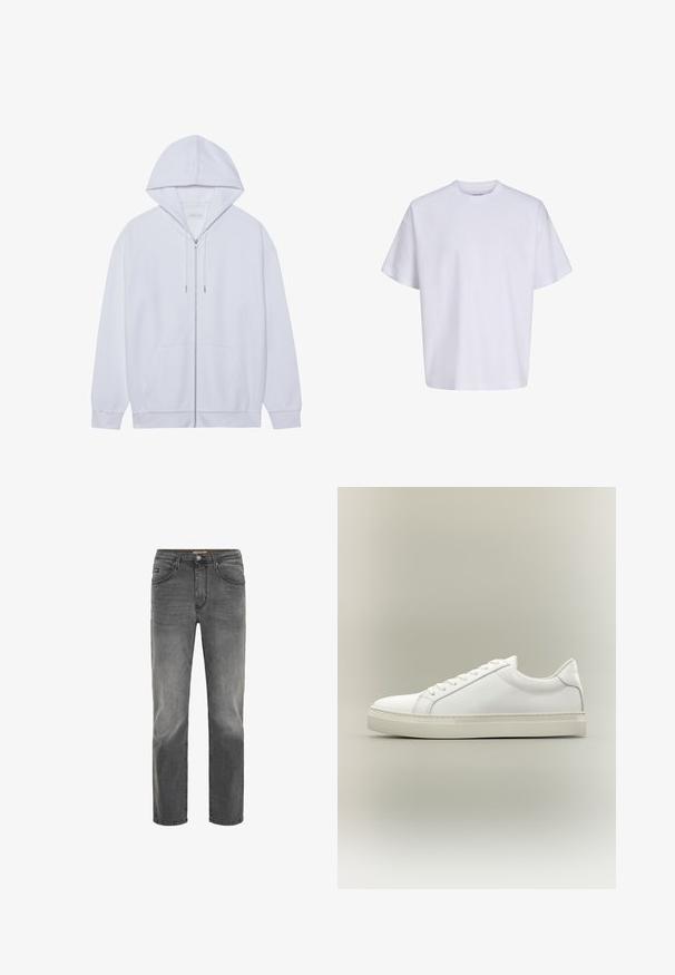 Witte zip-up hoodie gemaakt van zachte stof, met een trekkoordkap, voorzakken en ribgebreide manchetten. Eenvoudig en schoon ontwerp.; Effen witte oversized T-shirt met korte mouwen, ronde hals en losse pasvorm tegen een witte achtergrond.; Rechtoe-rechtaan mannenjeans in vervaagd zwart denim met knoop- en ritssluiting, voor- en achterzakken, en riemlussen.; Witte lage sneaker met veters aan de voorkant en dikke zool, zijaanzicht tegen een neutrale achtergrond.