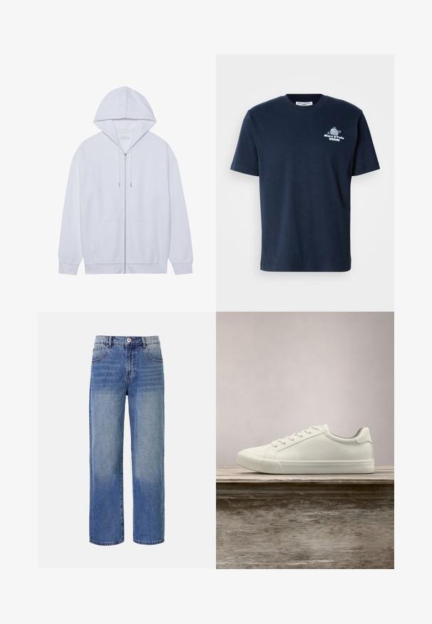 Witte zip-up hoodie gemaakt van zachte stof, met een trekkoordkap, voorzakken en ribgebreide manchetten. Eenvoudig en schoon ontwerp.; Marineblauwe katoenen T-shirt met korte mouwen, ronde hals en een grafische print van een wereldbol aan de voorkant met de tekst "Marc O’Polo DENIM." Eenvoudig ontwerp.; Lichtblauwe denim wijdvallende jeans met een vervagend patroon, vijf zakken en een ritsluiting. Kenmerkt zich door een knoop en riemlussen op de taille.; Witte vetersneaker die boven een houten bank zweeft met groene bladeren op de achtergrond, waarbij het ontwerp en de textuur van de schoen worden getoond.