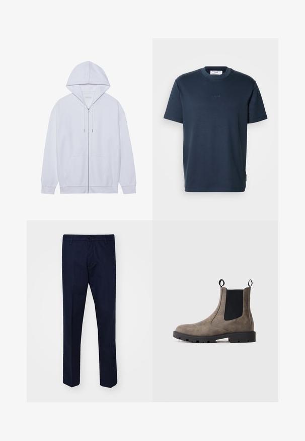 Witte zip-up hoodie gemaakt van zachte stof, met een trekkoordkap, voorzakken en ribgebreide manchetten. Eenvoudig en schoon ontwerp.; Donker marineblauw katoenen T-shirt met korte mouwen, een ronde hals en een subtiel geborduurd logo aan de voorkant. Gladde textuur, losse pasvorm.; Navyblauwe broek van een gladde stof, met rechte pijpen, een knoopsluiting en voorzakken.; Bruine suède Chelsea boot met zwarte elastische zijpanelen, trekriemen en een stevige zwarte rubberen zool op een plain witte achtergrond.