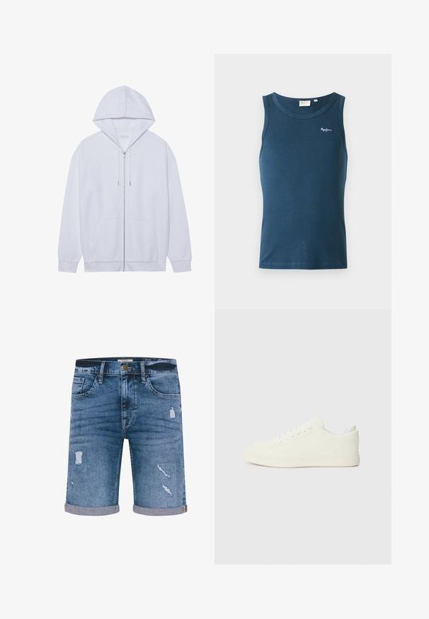 Hvid zip-up hoodie lavet af blødt stof, med snor i hætten, frontlommer og ribbede ærmer. Enkel og ren design.; Blå ærmeløs ribbet tanktop med rund halsudskæring og lille hvid "Pepe Jeans"-logo på venstre bryst.; Denimshorts i medium blå med distressed detaljer, opsmøgede kant, fem lommer og metalknaplukning. Standard pasform.; Hvide sneakers med en glat overflade, rund tå og traditionel snøring, med et minimalistisk design og gummisål.