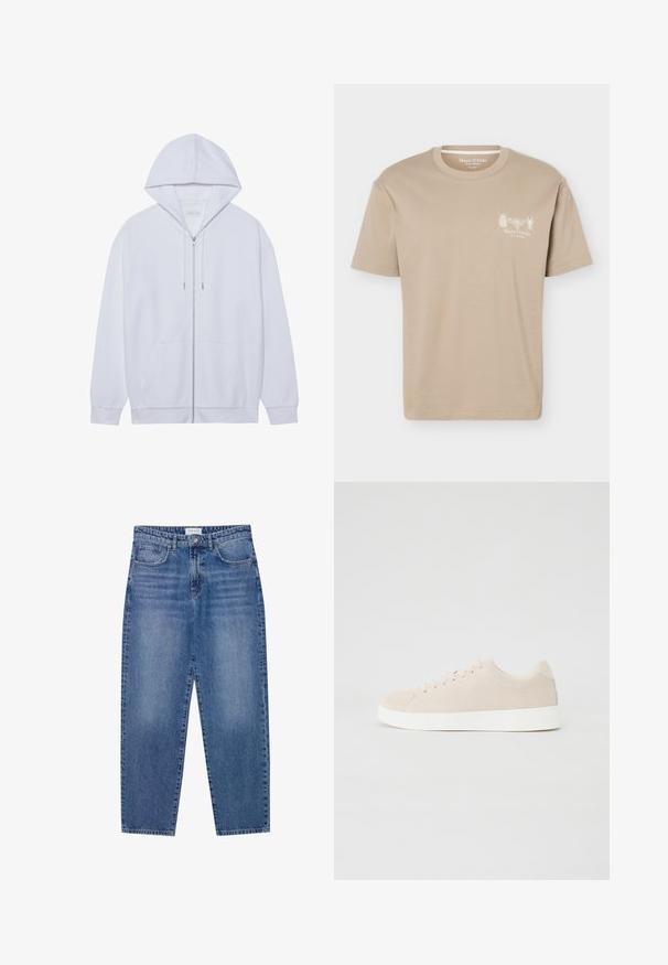 Witte zip-up hoodie gemaakt van zachte stof, met een trekkoordkap, voorzakken en ribgebreide manchetten. Eenvoudig en schoon ontwerp.; Beige T-shirt met korte mouwen en een ronde hals, met kleine insectengrafieken en het "Marc O'Polo"-logo op de linkerborst.; Blauwe denim jeans met een hoge taille, rechte pijpen en een vervaagde afwerking. Beschikt over vijf zakken en een knoopsluiting.; Beige suède sneakers met witte rubberen zolen, ronde neus en zes veterogen. Gladde textuur met minimalistisch ontwerp.