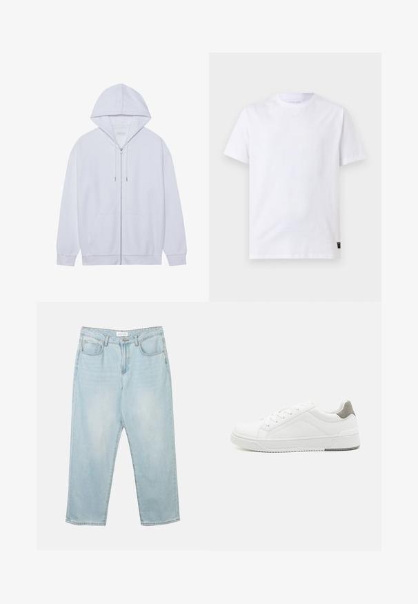 Haut à capuche zippé blanc en tissu doux, doté d'une capuche avec cordon de serrage, de poches avant et de manches à poignets côtelés. Design simple et épuré.; T-shirt blanc uni à manches courtes et col rond, avec une petite étiquette noire d'entretien au bas de l'ourlet sur un fond gris clair.; Jean en denim bleu clair avec une coupe décontractée, cinq poches, une fermeture à bouton et un léger délavage. La texture est douce et légèrement usée.; Basket blanche en cuir lisse, à bout arrondi, design minimaliste, accent de talon gris et semelle en caoutchouc texturé.