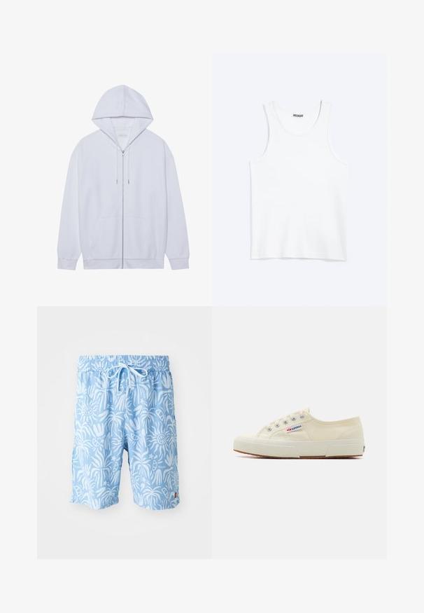 Witte zip-up hoodie gemaakt van zachte stof, met een trekkoordkap, voorzakken en ribgebreide manchetten. Eenvoudig en schoon ontwerp.; Wit mouwloos hemdje met ronde hals en Weekday-merklabel aan de binnenkant van de achterkraag, plat weergegeven op een lichte achtergrond.; Lichtblauwe zwembroek met een wit abstract patroon, elastische tailleband en trekkoord. Logo aan de voorkant links en zijsplitten aan de zoom.; Beige canvas sneaker met een laag profiel, metalen oogjes en rubberen zool. Beschikt over een textuurpatroon en logodetail aan de zijkant.