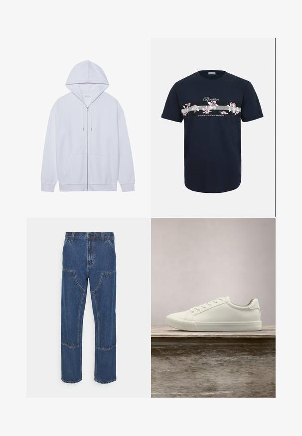 Hvid zip-up hoodie lavet af blødt stof, med snor i hætten, frontlommer og ribbede ærmer. Enkel og ren design.; Marineblå T-shirt med korte ærmer med teksten "Brooklyn", blomsterstribe og geografiske koordinater trykt tværs over brystet.; Blå denim jeans med lige ben, frontlappelommer og kontrasterende syninger. Stoffet har en klassisk tekstur og finish.; Hvide snørresneakers svævende over en træbænk med grønne planter i baggrunden, der fremhæver skodesign og tekstur.