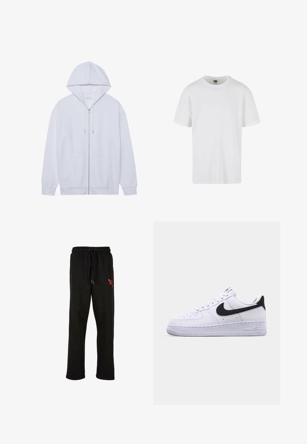 Hvid zip-up hoodie lavet af blødt stof, med snor i hætten, frontlommer og ribbede ærmer. Enkel og ren design.; Hvid kortærmet t-shirt lavet af tekstureret bomuld. Har rund hals og lige-snittet søm. Minimalistisk design uden synlige logoer.; Sorte sweats med elastisk talje og justerbar snor. Har et rødt logo på venstre lår. Blødt materiale.; Hvide lædersneakers med en struktureret sort Swoosh, flade snørebånd og en gummisål med et rillemønster. "AIR" er præget på hælen.