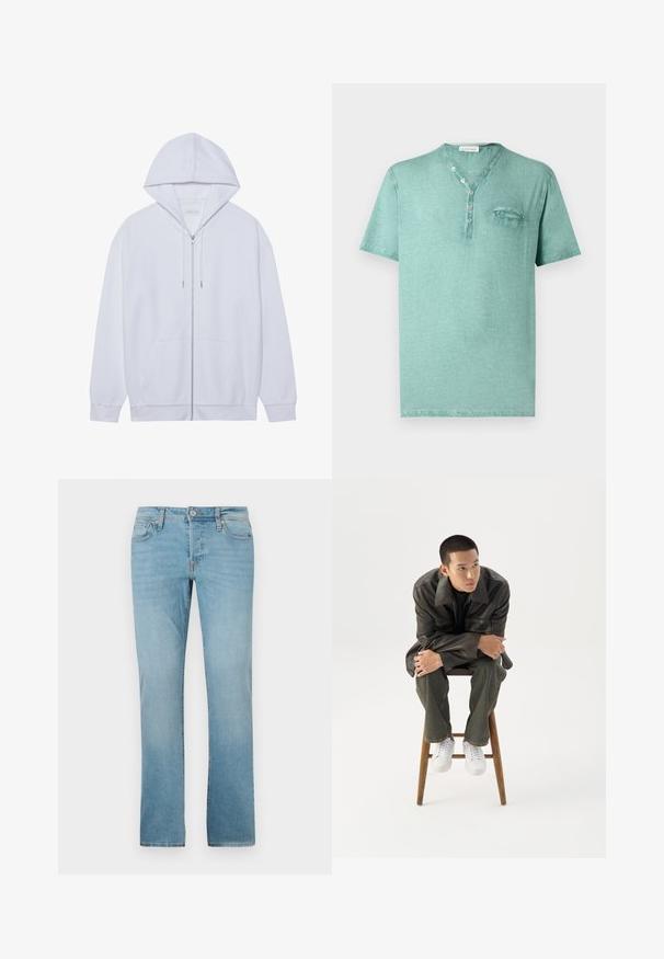 Weißer Zip-Hoodie aus weichem Material, mit einer Kapuze mit Kordelzug, Fronttaschen und gerippten, abgeschlossenen Ärmeln. Schlichtes und sauberes Design.; Grünes Henley-Herrenhemd mit kurzen Ärmeln, V-Ausschnitt, vier Knöpfen und einer kleinen Brusttasche vor neutralem Hintergrund.; Helle Blaue Jeans aus Denim mit geradem Bein, fünf Taschen, Knopfverschluss und subtiler Verblassung für Textur.; Junger Mann in dunkler Lederjacke und Jeans sitzt auf einem Holzstuhl, lehnt sich mit verschränkten Armen nach vorne und schaut seitlich vor weißem Hintergrund.