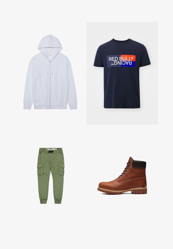 Sudadera blanca con cremallera hecha de tela suave, que cuenta con capucha ajustable, bolsillos frontales y mangas con puños acanalados. Diseño simple y limpio.; Camiseta de algodón azul marino con un logo rectangular en rojo, azul y blanco que incluye el texto "RED BULL RACING", cuello redondo y mangas cortas.; Joggers de sarga verde oliva con puños elásticos, cintura con cordón y múltiples bolsillos tipo cargo para mayor almacenamiento. Tela suave y duradera.; Bota marrón de cuero con cordones, cuello acolchado negro, suela gruesa color beige y logo de árbol en relieve en el lateral del talón.