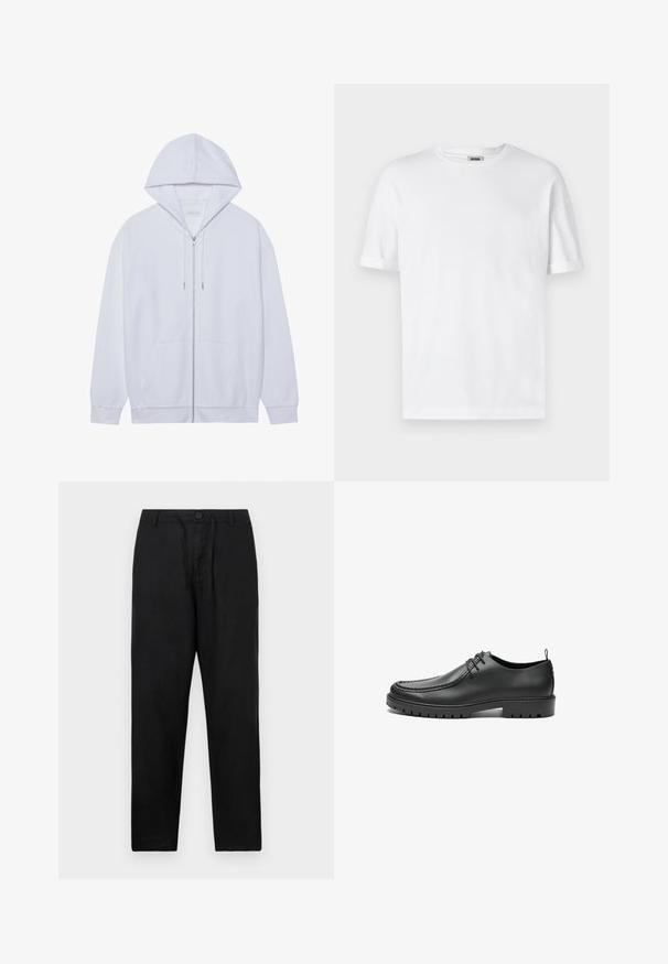 Hvid zip-up hoodie lavet af blødt stof, med snor i hætten, frontlommer og ribbede ærmer. Enkel og ren design.; Hvid bomulds T-shirt med rund hals, korte ærmer og oprevet manchetter; enkel design, blød tekstur og lige snit.; Sorte linnedbukser med lige pasform, som har en knaplukning, justerbar snor og ingen synlige mønstre eller detaljer.; Sorte lædersko med en glat overflade, rund tå og dekorativ stikning. Har en gummisål med skridsikre spor og snørebåndsdesign.