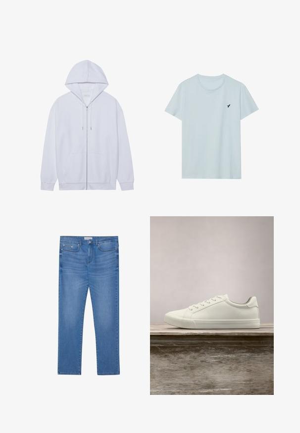 Hvid zip-up hoodie lavet af blødt stof, med snor i hætten, frontlommer og ribbede ærmer. Enkel og ren design.; Lyseblå bomulds t-shirt med rund halsudskæring og korte ærmer. Har et lille marineblåt fuglelogo på venstre bryst. Blød tekstur.; Lyseblå denimjeans med lige ben, femlommes design, subtil falming og metalbeslag ved taljen og lommerne.; Hvide snørresneakers svævende over en træbænk med grønne planter i baggrunden, der fremhæver skodesign og tekstur.