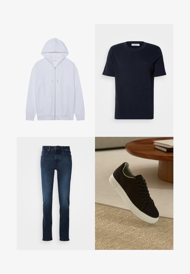 Hvid zip-up hoodie lavet af blødt stof, med snor i hætten, frontlommer og ribbede ærmer. Enkel og ren design.; Mørkeblå bomuld t-shirt med korte ærmer, rund halsudskæring og lille logo detalje på brystet. Glat tekstur, klassisk pasform.; Mørkeblå denim jeans med lige ben-design, fem-lomme stil, frontknaplukning og subtilt slid på lårene.; Sort sneaker med hvid sål svævende over en beige tekstureret tæppe nær et rundt trætabel med stablede bøger.