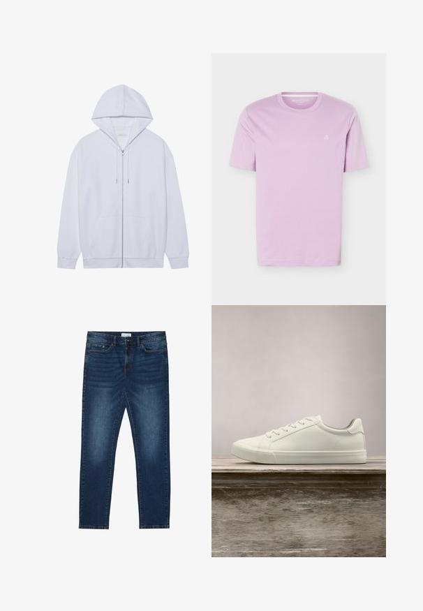 Haut à capuche zippé blanc en tissu doux, doté d'une capuche avec cordon de serrage, de poches avant et de manches à poignets côtelés. Design simple et épuré.; T-shirt mauve clair à manches courtes avec col rond et petit logo blanc "M OP" sur le côté gauche de la poitrine, présenté sur un fond blanc.; Jean slim-fit bleu foncé avec des détails délavés, design classique à cinq poches, fermeture à bouton et passants de ceinture.; Sneaker en dentelle blanche flottant au-dessus d'un banc en bois avec un feuillage vert en arrière-plan, mettant en valeur le design et la texture de la chaussure.