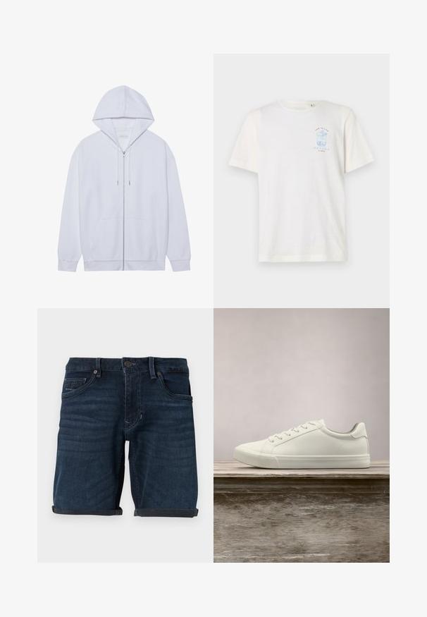 Weißer Zip-Hoodie aus weichem Material, mit einer Kapuze mit Kordelzug, Fronttaschen und gerippten, abgeschlossenen Ärmeln. Schlichtes und sauberes Design.; Weißes Baumwoll-T-Shirt mit hellblauer Grafik eines Getränks und floralen Akzenten auf der linken Brustseite, kurzen Ärmeln und Rundhalsausschnitt.; Dunkelblaue Denim-Shorts mit umgeschlagenen Säumen, mit Fronttaschen, einem Knopfverschluss und einem Markenetikett auf der Gesäßtasche.; Weiße Schnürsneaker, die über einer Holzbank mit grünem Laub im Hintergrund schweben und das Schuhdesign sowie die Textur zeigen.