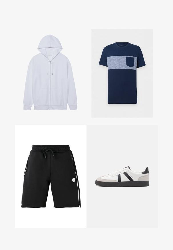 Hvid zip-up hoodie lavet af blødt stof, med snor i hætten, frontlommer og ribbede ærmer. Enkel og ren design.; Herre navyblå T-shirt med korte ærmer med et lyseblåt og hvidt horisontalt stribet brystbånd og en ensfarvet navy brystlomme.; Sorte knælange shorts med elastisk linning og snøre, hvide verticale sidestriber og lille rundt logo på venstre lår.; Hvide sneakers med sorte og grå detaljer, med en tekstureret grå tåhætte, sort gummisål og flade hvide snørebånd. Rent design, minimalistisk stil.