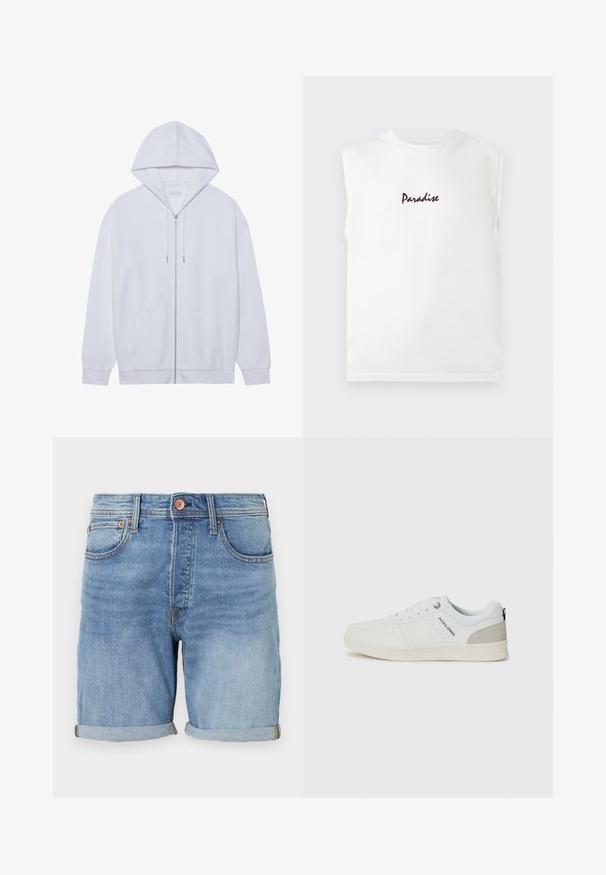 Weißer Zip-Hoodie aus weichem Material, mit einer Kapuze mit Kordelzug, Fronttaschen und gerippten, abgeschlossenen Ärmeln. Schlichtes und sauberes Design.; Weißes ärmelloses Shirt mit rundem Ausschnitt und dem Wort „Paradise“ in kleiner, dunkler Schrift mittig auf der Brust gedruckt.; Hellblaue Denim-Shorts mit klassischem Schnitt, umgeschlagenem Saum, Fronttaschen und Kupferknopf-Details. Weicher Stoff und lässiges Design.; Weiße lässige Sneakers mit einem durchbrochenen Design und hellgrauen Akzenten, ausgestattet mit Schnürsenkeln und einer Markenkennzeichnung an der Seite, auf einem schlichten Hintergrund präsentiert.
