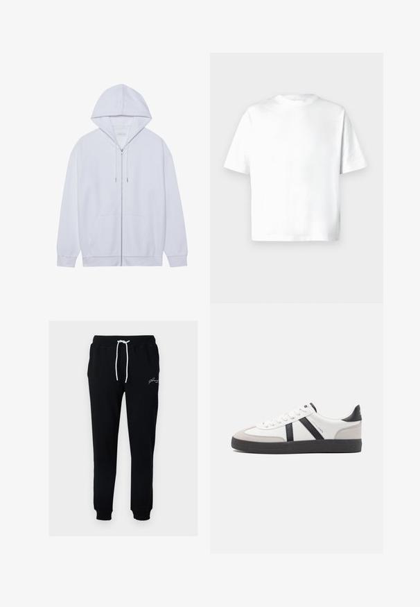 Haut à capuche zippé blanc en tissu doux, doté d'une capuche avec cordon de serrage, de poches avant et de manches à poignets côtelés. Design simple et épuré.; T-shirt blanc à manches courtes en coton doux, doté d'un col rond et d'une coupe décontractée sans motifs ni graphiques. Texture lisse.; Pantalon de survêtement noir en tissu mélange de coton. Dispose d'une taille à cordon avec des liens blancs et d'un petit logo brodé blanc près de la hanche.; Baskets blanches avec des accents noirs et gris, présentant un embout texturé gris, une semelle en caoutchouc noir et des lacets plats blancs. Design épuré, style minimaliste.