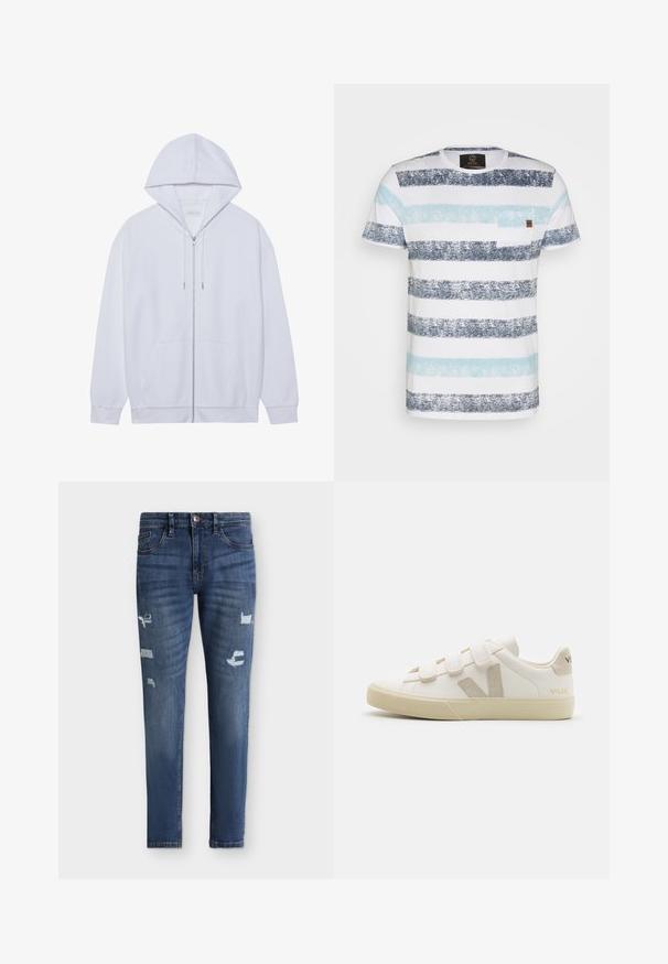 Haut à capuche zippé blanc en tissu doux, doté d'une capuche avec cordon de serrage, de poches avant et de manches à poignets côtelés. Design simple et épuré.; T-shirt rayé avec des bandes horizontales en bleu marine, bleu clair et blanc. Comprend une petite poche poitrine et un tissu en coton doux.; Jean skinny en denim bleu avec légère décoloration et zones usées aux cuisses et aux genoux, fermeture avant par bouton et zip, design cinq poches.; Baskets en cuir blanc avec des bandes Velcro, accents beiges, bout arrondi, semelle en caoutchouc texturé et logo embossé. Design minimaliste.