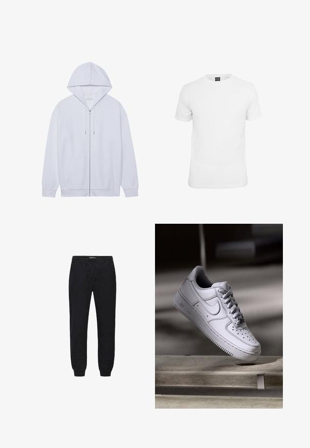 Haut à capuche zippé blanc en tissu doux, doté d'une capuche avec cordon de serrage, de poches avant et de manches à poignets côtelés. Design simple et épuré.; T-shirt blanche à manches courtes, en coton, avec un col rond et une texture lisse, conçue pour un usage décontracté.; Pantalon de jogging noir avec taille élastique et cordon de serrage. Bords-côtes aux chevilles et tissu doux assurent confort et coupe décontractée.; La basket Nike Air Force 1 en cuir blanc présente un embout perforé, des lacets plats et une semelle en caoutchouc texturée avec le logo « AIR » sur le côté.
