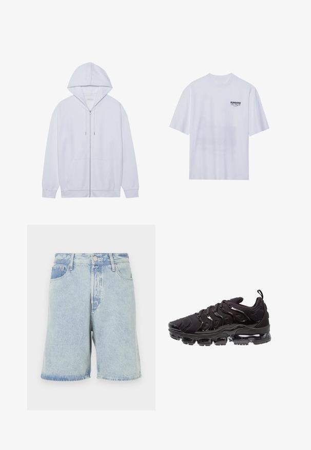 Hvid zip-up hoodie lavet af blødt stof, med snor i hætten, frontlommer og ribbede ærmer. Enkel og ren design.; Hvid bomulds t-shirt med korte ærmer, der har et sort "SUNSHINE Los Angeles" grafik på venstre brystområde. Rund halsudskæring, afslappet pasform.; Lysblå denimshorts med en løs pasform, der har et fem-lomme design, en knaplukning foran og frynset kant.; Sorte atletiksko med et tekstureret stofoverdel, metalliske detaljer og en markant luftfyldt sål. Har distinkte bølge-lignende designelementer.