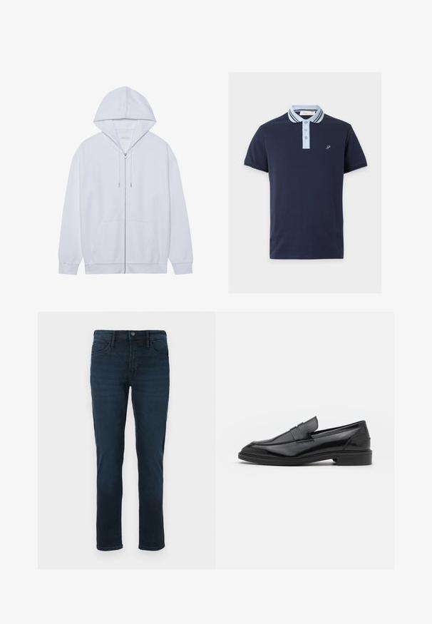 Weißer Zip-Hoodie aus weichem Material, mit einer Kapuze mit Kordelzug, Fronttaschen und gerippten, abgeschlossenen Ärmeln. Schlichtes und sauberes Design.; Marineblaues Poloshirt mit kurzen Ärmeln, hellblauem Kragen und Knopfleiste, mit einem kleinen gestickten „P“ auf der Brust.; Dunkelblaue Denim-Jeans mit geradem Bein, fünf Taschen, einem Knopfverschluss und dezentem Verblassen an der Vorderseite.; Schwarze Lederloafers mit glatter Oberfläche, runder Spitze und schmalem Riemen über dem Obermaterial. Niedriger, gestapelter Absatz.