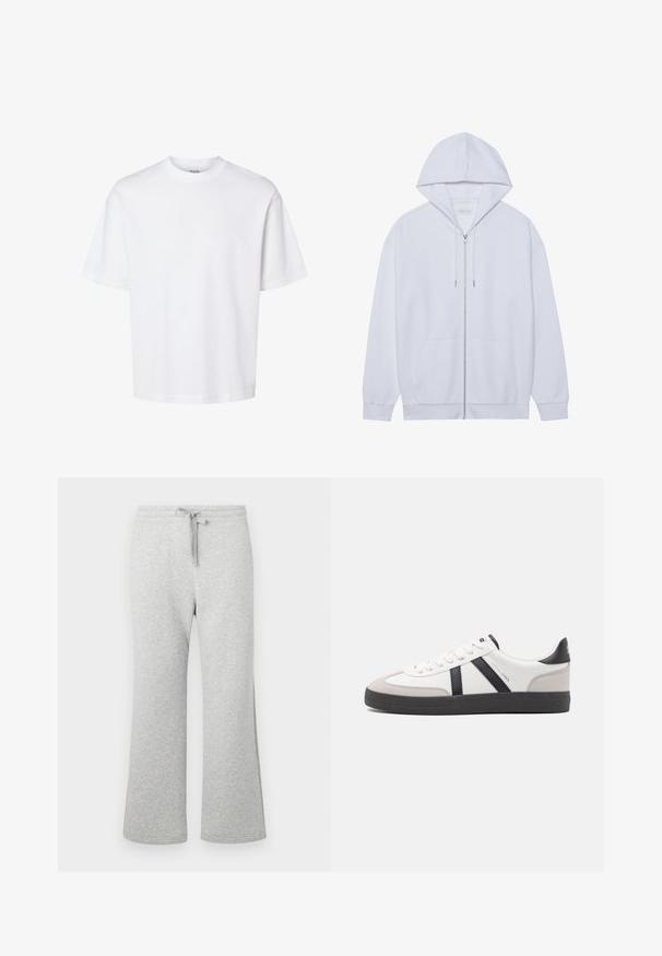 Hvid zip-up hoodie lavet af blødt stof, med snor i hætten, frontlommer og ribbede ærmer. Enkel og ren design.; Enkelt hvid t-shirt med korte ærmer og rund hals med afslappet pasform, vist på en ensfarvet baggrund.; Lys grå bomuldsblandede sweatpants med lige ben, elastisk talje, snøre og sidelommer, vist fladt på hvid baggrund.; Hvide sneakers med sorte og grå detaljer, med en tekstureret grå tåhætte, sort gummisål og flade hvide snørebånd. Rent design, minimalistisk stil.