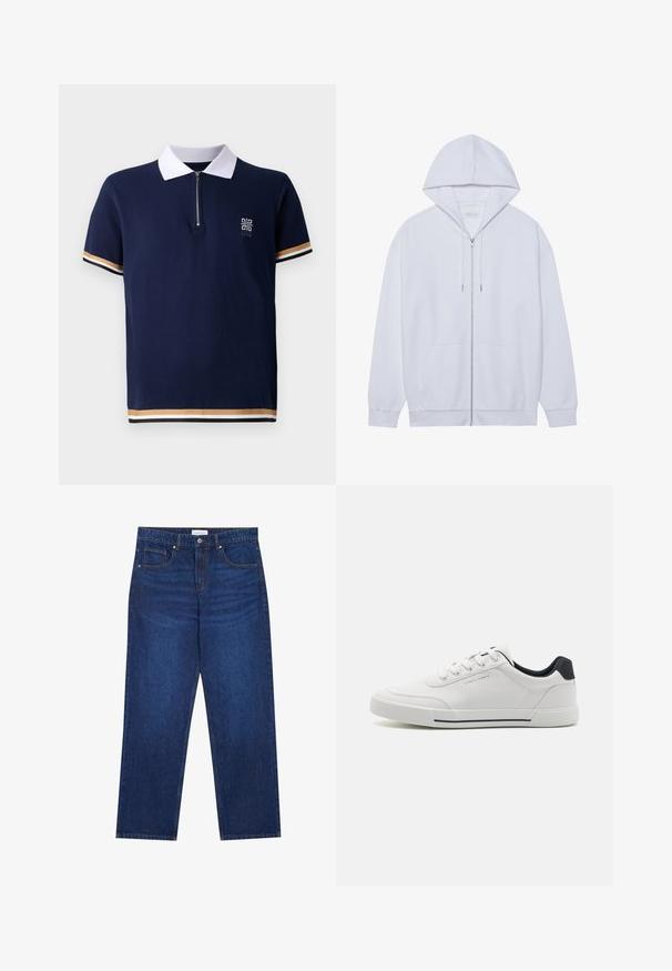 Haut à capuche zippé blanc en tissu doux, doté d'une capuche avec cordon de serrage, de poches avant et de manches à poignets côtelés. Design simple et épuré.; Polo navy avec col blanc, design à fermeture éclair quart, et tissu texturé. Dispose d'accents rayés en or et blanc sur les manches.; Jean en denim bleu foncé avec une coupe droite, équipé d'une fermeture boutonnée et à zip, de cinq poches et de détails de couture visibles.; Baskets blanches avec un dessus en synthétique lisse, bout rond, design à lacets, accent marine sur le talon, et une semelle en caoutchouc texturée avec une bande noire.
