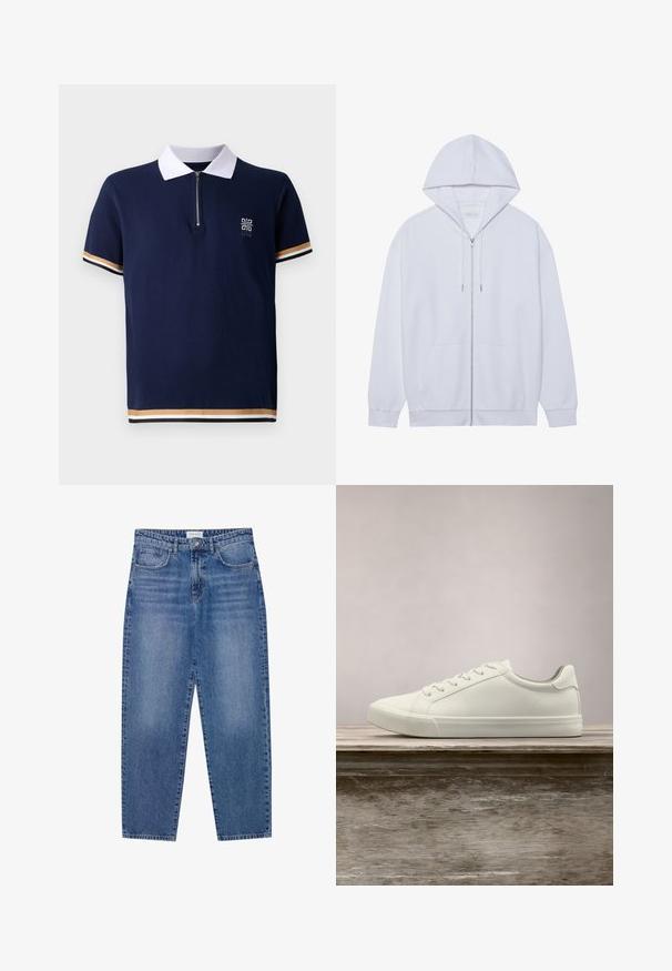 Witte zip-up hoodie gemaakt van zachte stof, met een trekkoordkap, voorzakken en ribgebreide manchetten. Eenvoudig en schoon ontwerp.; Marineblauw polo shirt met witte kraag, kwart-rits ontwerp en gestructureerde stof. Beschikt over gestreepte accenten in goud en wit op de mouwen.; Blauwe denim jeans met een hoge taille, rechte pijpen en een vervaagde afwerking. Beschikt over vijf zakken en een knoopsluiting.; Witte vetersneaker die boven een houten bank zweeft met groene bladeren op de achtergrond, waarbij het ontwerp en de textuur van de schoen worden getoond.