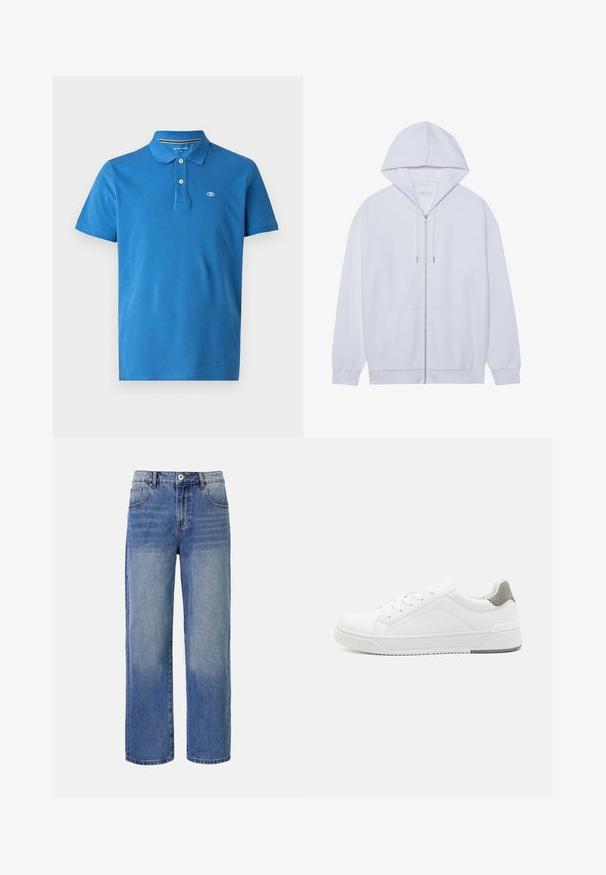 Hvid zip-up hoodie lavet af blødt stof, med snor i hætten, frontlommer og ribbede ærmer. Enkel og ren design.; Blå polo skjorte lavet af bomuld, med krave, to-knaps lukning, korte ærmer og et lille logo på brystet.; Lys blå denim bred benjeans med et falme mønster, fem lommer og lynlås i gylpen. Har en knap og bæltestropper i taljen.; Hvid sneaker lavet af glat læder, rund tå, minimalistisk design, grå hælafsats og tekstureret gummisål.