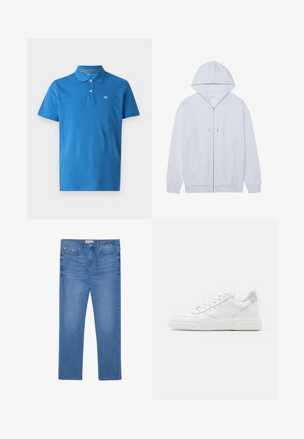 Witte zip-up hoodie gemaakt van zachte stof, met een trekkoordkap, voorzakken en ribgebreide manchetten. Eenvoudig en schoon ontwerp.; Blauwe poloshirt van katoen, met een kraag, een sluiting met twee knopen, korte mouwen en een klein logo op de borst.; Lichtblauwe spijkerbroek met een rechte pijp, vijf zakken, subtiele vervaging en metalen accenten op de taille en zakken.; Witte leren sneakers met een gladde afwerking, ronde neus, platte veters en een gestructureerde zool. Grijze suède accent bij de hiel.