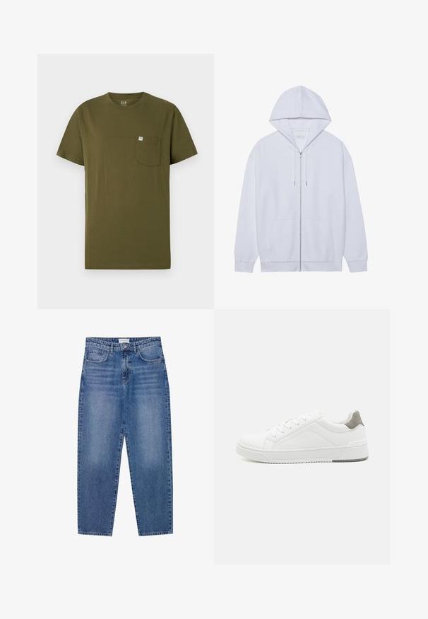 Weißer Zip-Hoodie aus weichem Material, mit einer Kapuze mit Kordelzug, Fronttaschen und gerippten, abgeschlossenen Ärmeln. Schlichtes und sauberes Design.; Olivenfarbiges Baumwoll-T-Shirt mit Rundhalsausschnitt, kurzen Ärmeln und einer Brusttasche auf der linken Seite, die ein kleines Markenetikett trägt. Glatte Textur.; Blaue Denim-Jeans mit hoher Taille, geradem Bein und ausgebleichtem Finish. Verfügt über fünf Taschen und einen Knopfverschluss.; Weißer Sneaker aus glattem Leder, runde Zehenpartie, minimalistisches Design, graue Fersenkante und strukturierte Gummisohle.