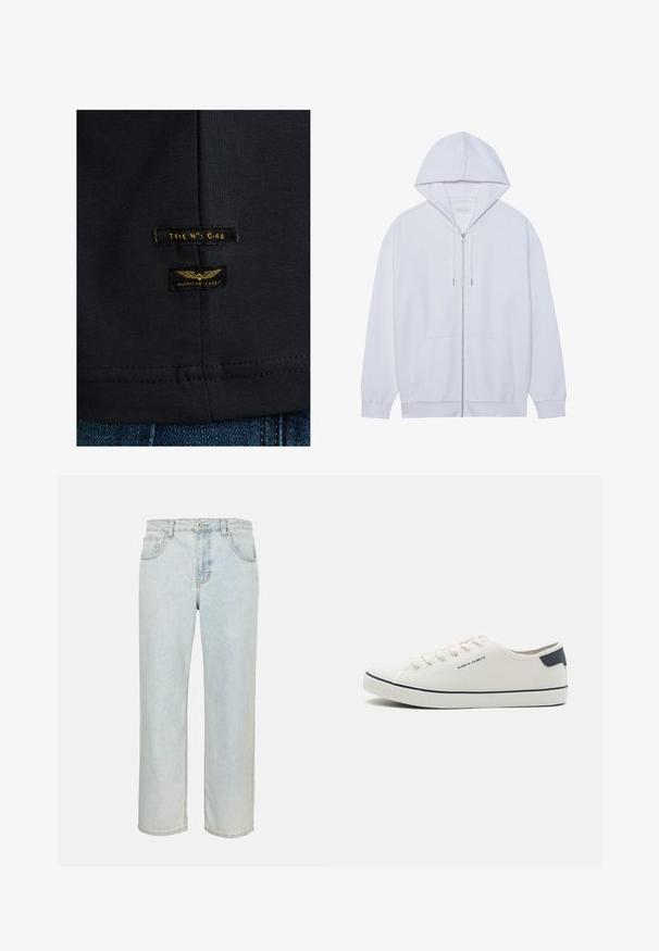 Hvid zip-up hoodie lavet af blødt stof, med snor i hætten, frontlommer og ribbede ærmer. Enkel og ren design.; Sort bomulds t-shirt med en glat tekstur. Har to mærker: "TYPE NO: C-46" og "AMERICAN CLASSIC" i gul på mørkt stof.; Lyseblå jeans med lige ben, forlommer, bæltestropper og knaplukning på en ensfarvet baggrund.; Canvas sneakers i off-white med navy accenter, med rund tå, snørrestruktur og struktureret gummisål. Enkel og ren æstetik.