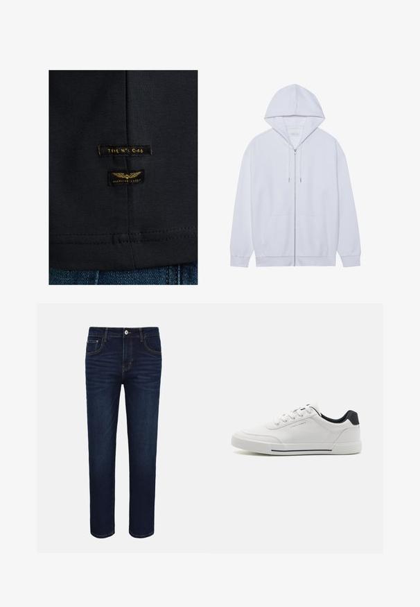 Sudadera blanca con cremallera hecha de tela suave, que cuenta con capucha ajustable, bolsillos frontales y mangas con puños acanalados. Diseño simple y limpio.; Camiseta de algodón negra con una textura suave. Presenta dos etiquetas: "TIPO NO: C-46" y "CLÁSICO AMERICANO" en amarillo sobre fondo oscuro.; Vaqueros de denim azul oscuro con bolsillos delanteros, cierre con botones y detalles sutiles desgastados en los muslos sobre un fondo blanco.; Zapatillas blancas con una parte superior sintética suave, puntera redonda, diseño de cordones, acento en azul marino en el talón y una suela de goma texturizada con una franja negra.