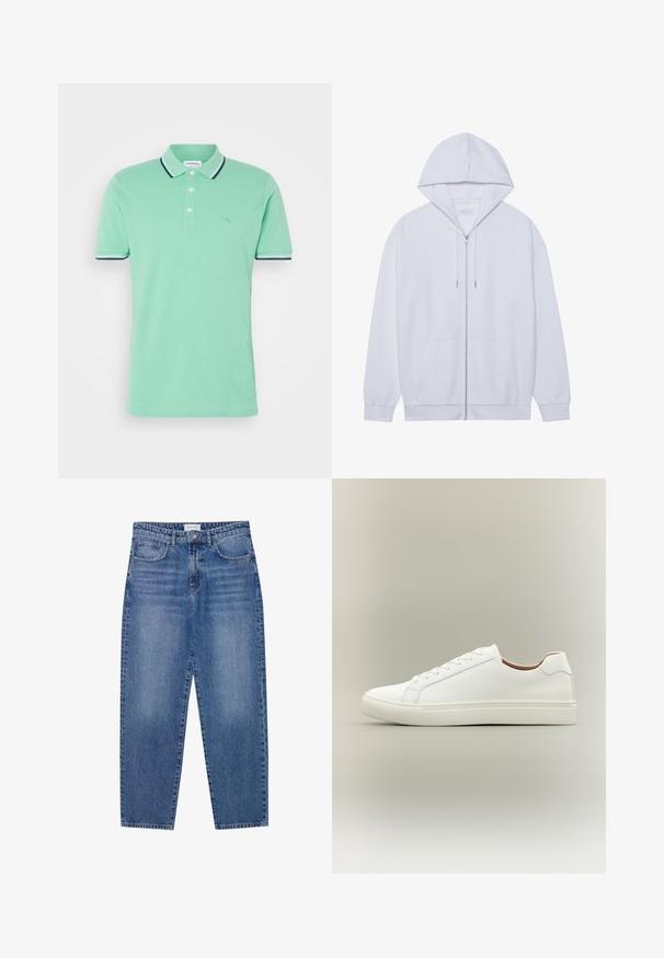 Weißer Zip-Hoodie aus weichem Material, mit einer Kapuze mit Kordelzug, Fronttaschen und gerippten, abgeschlossenen Ärmeln. Schlichtes und sauberes Design.; Polohemd aus mintgrünem Baumwollstoff, ausgestattet mit einer Zwei-Knopf-Leiste und kontrastierenden dunkelblauen Streifen am Kragen und an den Ärmeln.; Blaue Denim-Jeans mit hoher Taille, geradem Bein und ausgebleichtem Finish. Verfügt über fünf Taschen und einen Knopfverschluss.; Weißer Sneaker mit niedrigem Schaft, Schnürverschluss und flacher Sohle, seitlich auf neutralem Hintergrund gezeigt.