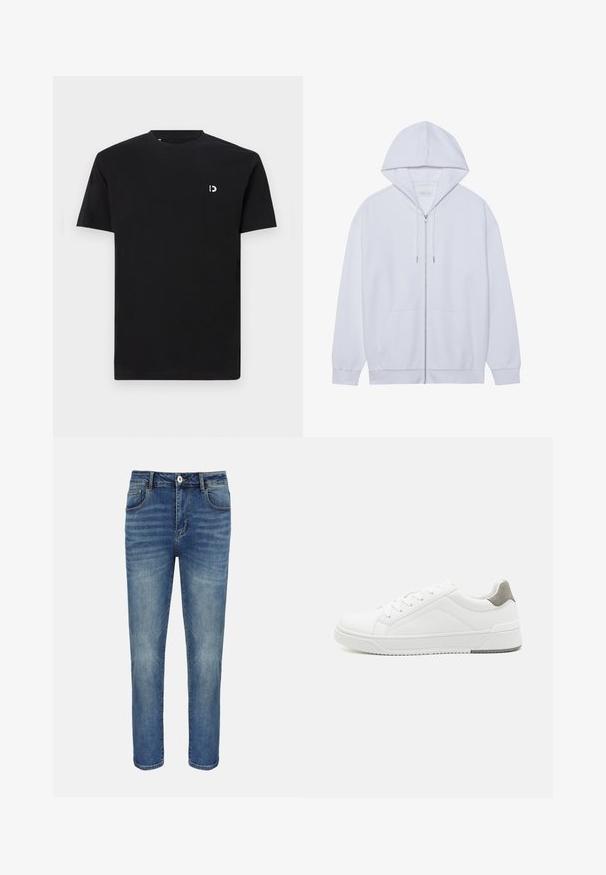 Haut à capuche zippé blanc en tissu doux, doté d'une capuche avec cordon de serrage, de poches avant et de manches à poignets côtelés. Design simple et épuré.; T-shirt en coton noir à manches courtes, col rond, avec un petit logo blanc sur la poitrine gauche. Texture lisse, design simple.; Jean droit bleu avec bouton et fermeture éclair à l'avant, passants pour ceinture et poches avant et arrière.; Basket blanche en cuir lisse, à bout arrondi, design minimaliste, accent de talon gris et semelle en caoutchouc texturé.