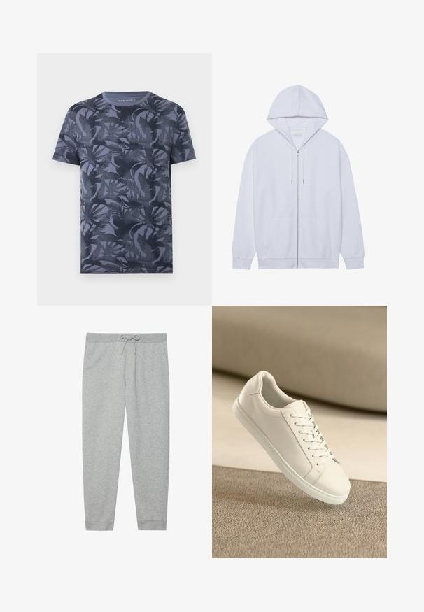 Haut à capuche zippé blanc en tissu doux, doté d'une capuche avec cordon de serrage, de poches avant et de manches à poignets côtelés. Design simple et épuré.; T-shirt homme manches courtes col rond bleu foncé avec un motif discret de feuilles tropicales sur l'ensemble.; Pantalon de survêtement gris en mélange de coton doux, avec une taille élastique et un cordon de serrage, des poches latérales et des poignets fuselés.; Baskets en cuir blanc avec des lacets blancs, exposées sur une surface beige texturée et avec un arrière-plan flou doux.