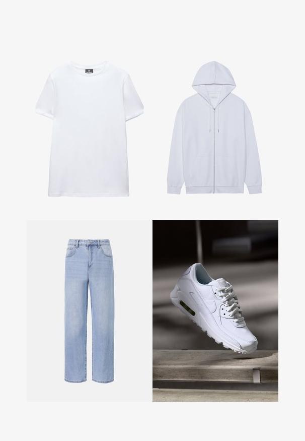 Hvid zip-up hoodie lavet af blødt stof, med snor i hætten, frontlommer og ribbede ærmer. Enkel og ren design.; Simpel hvid t-shirt med korte ærmer og rund halsudskæring med en sort Pull&Bear mærkat indeni kraven, vist på en hvid baggrund.; Lyseblå denimjeans med et afslappet, bredbenet design. Funktioner inkluderer fem lommer, en frontknaplukning og diskret falmning.; Hvide lædersneakers med teksturerede overflader, polstret krave og synlig luftpolstring i sålen. Har snørrebånd og et minimalistisk design.