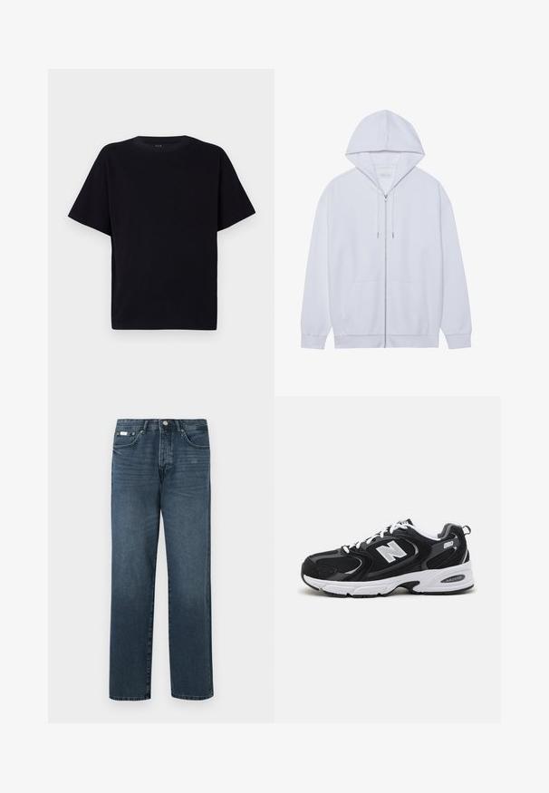 Hvid zip-up hoodie lavet af blødt stof, med snor i hætten, frontlommer og ribbede ærmer. Enkel og ren design.; Sort kortærmet t-shirt med rund halsudskæring. Fremstillet af blødt stof, med en afslappet pasform og uden synlige mønstre eller detaljer.; Mørkeblå denimbukser med lige pasform, fem lommer, bæltestropper og lynlås. Glat tekstur med subtile blegede detaljer.; Sorte og grå sportssko med mesh og ruskind på overdelen, der har en hvid mellemsål, snørebånd og et iøjnefaldende "N" logo på siden.