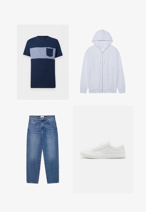Haut à capuche zippé blanc en tissu doux, doté d'une capuche avec cordon de serrage, de poches avant et de manches à poignets côtelés. Design simple et épuré.; T-shirt homme bleu marine à manches courtes avec une bande horizontale rayée bleu clair et blanc sur la poitrine et une poche poitrine unie bleu marine.; Jean en denim bleu avec une taille haute, une coupe droite et une finition délavée. Comprend cinq poches et une fermeture à bouton.; Baskets blanches avec une tige en cuir lisse, bout rond, semelle plate en caoutchouc et six œillets pour les lacets. Détails de couture subtils, design minimaliste.