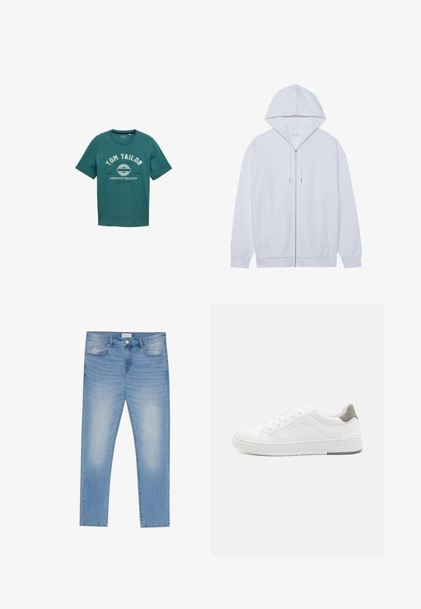 Hvid zip-up hoodie lavet af blødt stof, med snor i hætten, frontlommer og ribbede ærmer. Enkel og ren design.; Teal kortærmet t-shirt lavet af bomuld med rund halsudskæring og hvid tekst "TOM TAILOR" samt design detaljer på forsiden.; Blå denim jeans med lige fit, der har slidte områder, fem lommer og knaplukning. Materiale i bomuldsblanding, ren finish.; Hvid sneaker lavet af glat læder, rund tå, minimalistisk design, grå hælafsats og tekstureret gummisål.