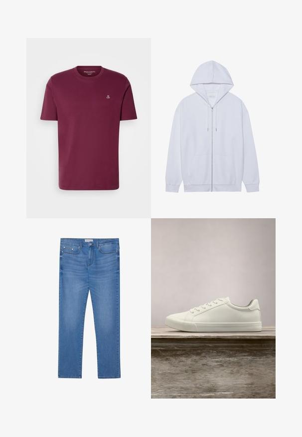 Hvid zip-up hoodie lavet af blødt stof, med snor i hætten, frontlommer og ribbede ærmer. Enkel og ren design.; Bordeaux bomulds t-shirt med rund hals, korte ærmer og et lille hvidt "M OP" logo på brystet. Glat tekstur og almindelig pasform.; Lyseblå denimjeans med lige ben, femlommes design, subtil falming og metalbeslag ved taljen og lommerne.; Hvide snørresneakers svævende over en træbænk med grønne planter i baggrunden, der fremhæver skodesign og tekstur.