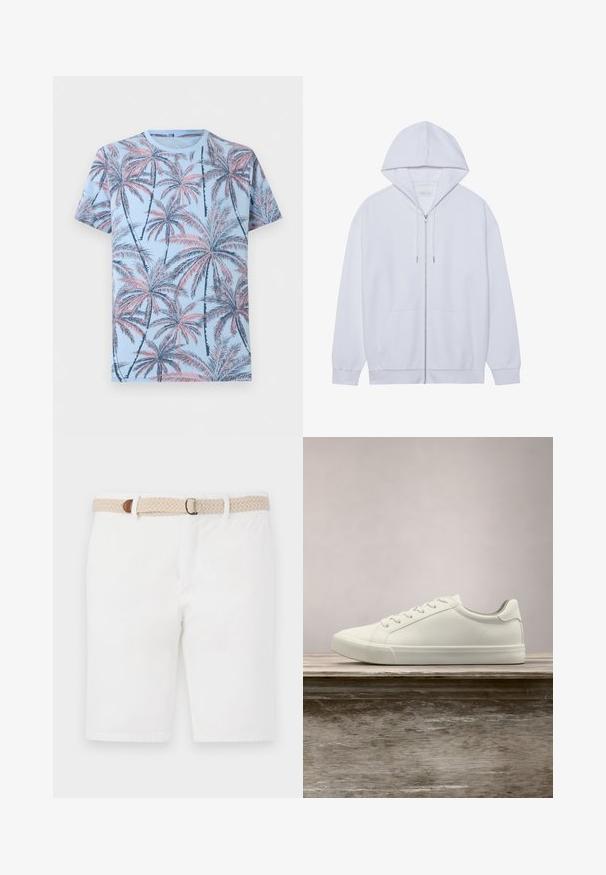 Haut à capuche zippé blanc en tissu doux, doté d'une capuche avec cordon de serrage, de poches avant et de manches à poignets côtelés. Design simple et épuré.; T-shirt bleu clair à manches courtes avec un motif intégral de palmiers rose et bleu marine.; Shorts en coton blancs avec une ceinture tissée beige accentuée de marron. Les shorts ont un design épuré et une texture lisse.; Sneaker en dentelle blanche flottant au-dessus d'un banc en bois avec un feuillage vert en arrière-plan, mettant en valeur le design et la texture de la chaussure.