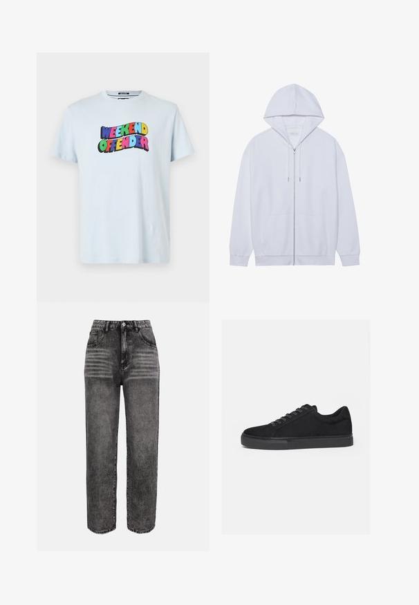 Hvid zip-up hoodie lavet af blødt stof, med snor i hætten, frontlommer og ribbede ærmer. Enkel og ren design.; Lyseblå bomulds-t-shirt med et multicoloreret "WEEKEND OFFENDER" grafik trykt hen over brystet i fede, legende skrifttyper.; Højtaljede, straight-leg jeans i falmet sort denim med forlommer, falmede detaljer og forstærket syning langs sømmene.; Sort lavtop sneaker med snørelukning foran og flad gummisål, vist fra siden på en hvid baggrund.
