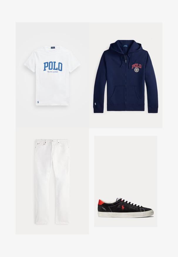 Tmavomodrá mikina na zips s kapucňou a prednými vreckami, červený text "POLO" a emblém na hrudi a malý biely logo koňa na ľavom rukáve.; Biela bavlnená tričko s modrým textom "POLO" a menším textom "RALPH LAUREN". Obsahuje malé modré logo na ľavom okraji.; Biele rovné džínsy s dizajnom piatich vreciek a zapínaním na gombík, zobrazené na neutrálnej plochej pozadí.; Čierne semišové tenisky s bielymi šnúrkami, červenými akcentmi na päte a malým červeným logom. Obsahujú plochú gumovú podrážku a jednoduché prešívanie.