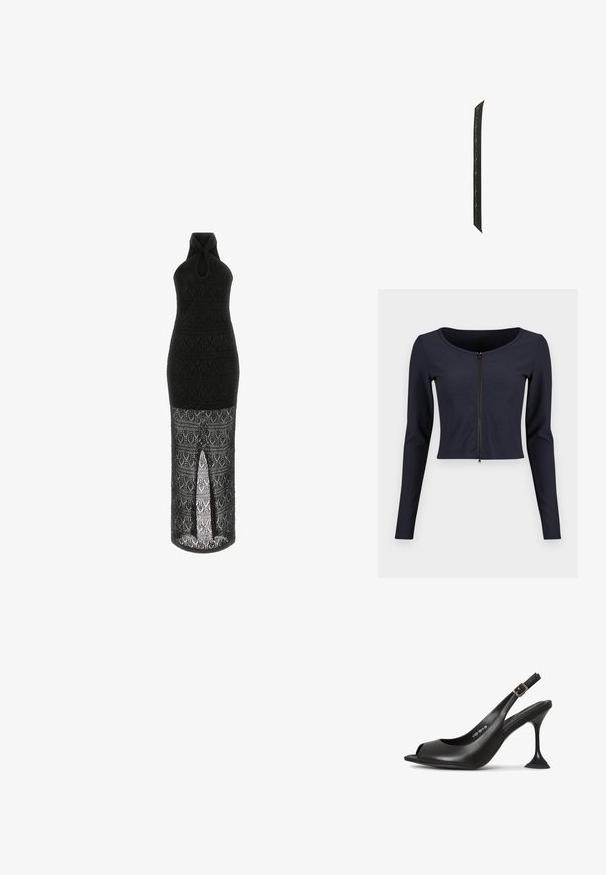 Langærmet, tætsiddende sort crop top med ribbet tekstur og lynlåslukning foran på en ensartet lys baggrund.; Sort halterneck kjole med et struktureret blonde-design, en nøglehuludskæring og en tætsiddende silhuet, med en gennemsigtig blonde nederste sektion.; Sort læder slingback hæl med åben tå, spids form, smal hæl der udvider sig, og en firkantet base. Tekstureret overflade og spænde detaljer.; Lang, smal sort silkeskal med delikat guld- og sølvblomstret broderi langs hele længden.